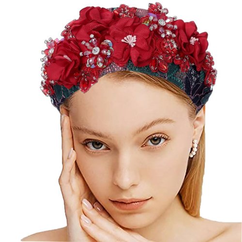 Urieo Baroque Flower Wide Head Bands for Women Red Crystal Embellished Hair Band Rhinestone Headband Handmade Floral Hair Accessories