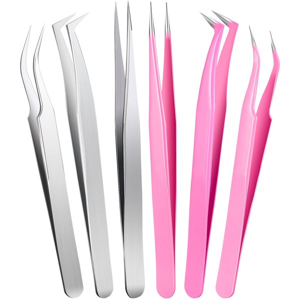 6 Pieces Eyelash Extension Tweezers Lash Tweezers Set Stainless Steel Straight and Curved Tip Tweezers Precision Eyebrow Tweezers Nippers for Eyebrow Hair (Silver, Pink)