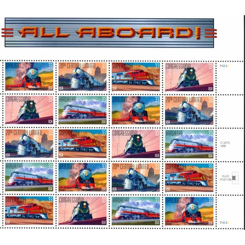 All Aboard: Railroad (Sheet of 20) 33 Cent US Postage Stamps 1999 Scott 3333-3337