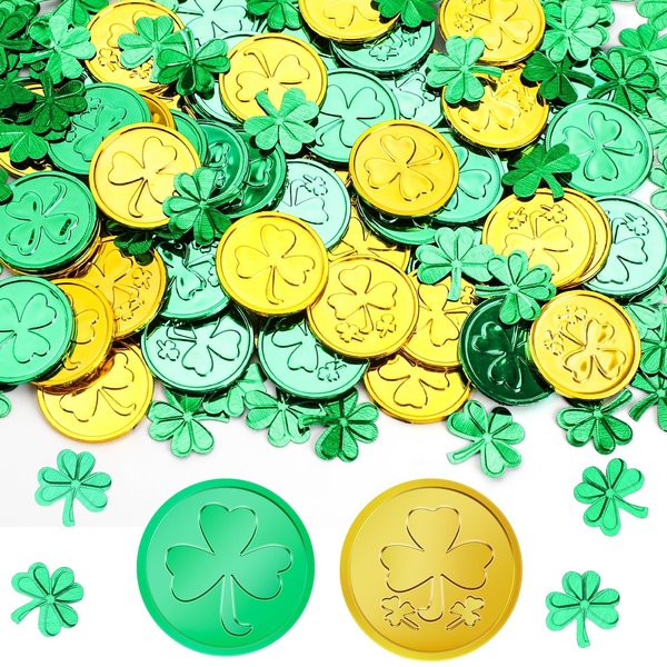 AUGSUN St. Patrick's Day Decorations Shamrock Coins, 60 Pieces Gold Green Good Lucky Coins Plastic Irish 3-Leaf Clover Leprechaun Coin for St Patricks Day Decorations Party Supplies Favors