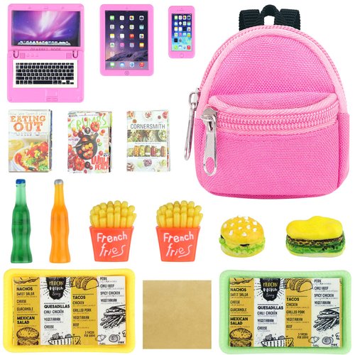 18INDC 15 Pcs Doll Accessories Miniature Laptop Computer Tablet Phone Mini Backpack and Mini Food Including Burger Soda Set and Burger Hot Dog Set and Gourmet Magazine for 11.5 inch Doll