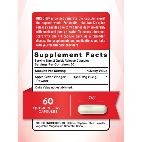 Apple Cider Vinegar Capsules | 1200mg | 60 Pills | Quick Release | Non-GMO & Gluten Free Supplement | by Nature's Truth