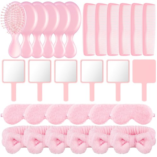 Thiccywoov 30 Pcs Pink Party Favors for Girls Spa Party Supplies Pink Hair Brush Mirror Sleep Eye Mask Spa Headband for Spa Sleepover Makeup Bridal Shower Princess Birthday Party Supplies