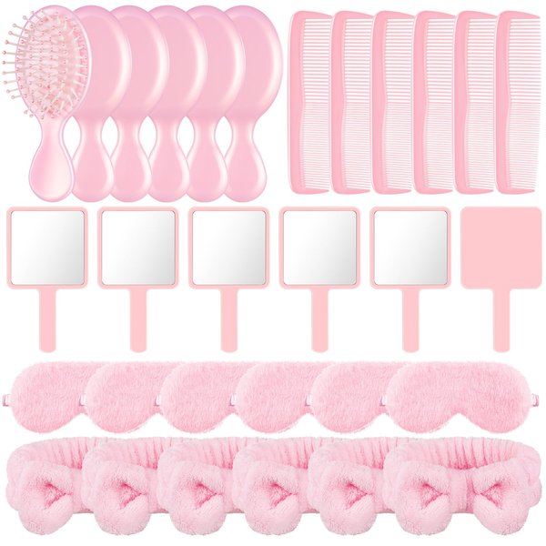Thiccywoov 30 Pcs Pink Party Favors for Girls Spa Party Supplies Pink Hair Brush Mirror Sleep Eye Mask Spa Headband for Spa Sleepover Makeup Bridal Shower Princess Birthday Party Supplies