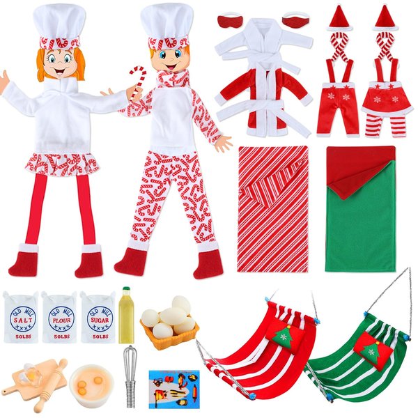 36 Pcs Christmas Elf Clothes Doll Accessories Elf Accessories with Christmas Sleeping Bag Bathrobe Apron and Chef Hat Scarf Skirts Christmas Elf Hammock Xmas Accessory for Doll Decorations (Classics)