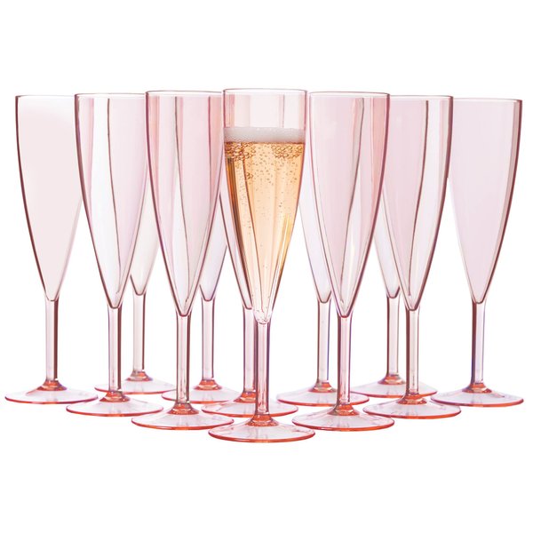 US Acrylic Plastic Reusable Champagne Flute (Set of 12) Rose Pink 5oz Stems | BPA-Free, Shatterproof, Made in USA | Top-Rack Dishwasher Safe