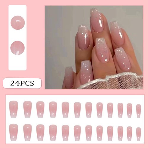 RUPOFUZA Medium Press on Nails Coffin Fake Nails 24Pcs Ombre Pink Square False Nails with Gloss Designs Acrylic Nails Press ons Artificial Nails Stick on Nails for Women