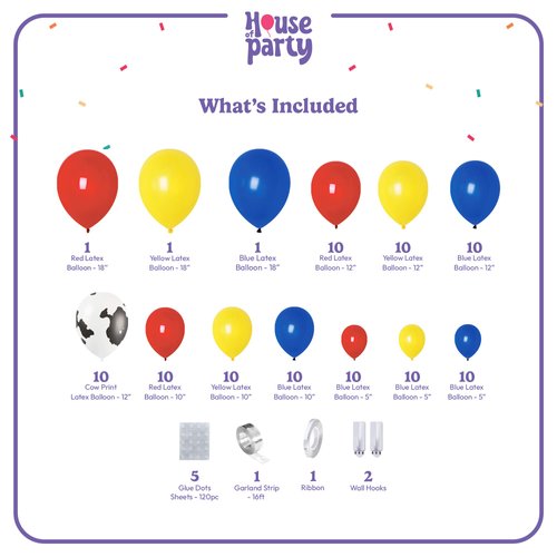HOUSE OF PARTY Boy Story Balloons Garland - 110 Pcs | Toy Inspired Story Balloons with Red, Yellow, Blue & Cow Print | Theme Latex Balloons for Baby Shower & Birthday Party Supplies Decorations