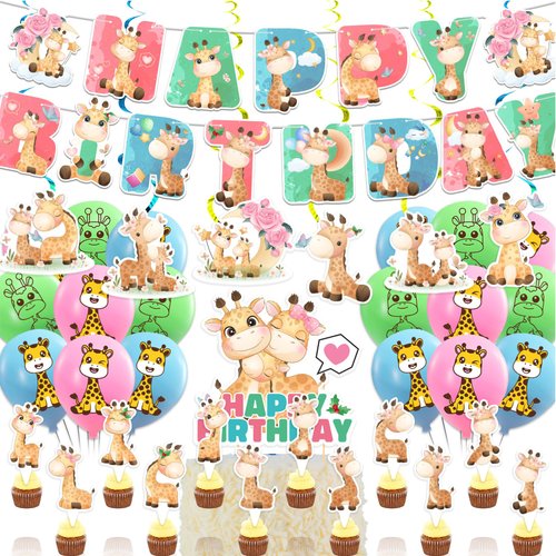 Giraffe Birthday Decorations Cute Animal Giraffe Party Decorations Include Giraffe Happy Birthday Banner, Hanging Swirls, Cake Topper, Cupcake Topper, Balloons