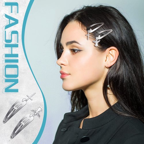 Jexine 20 Pcs Snap Hair Clips for Women & Girls, Silver, 2 Inch, Heart, Star, Cross, Hair Accessories