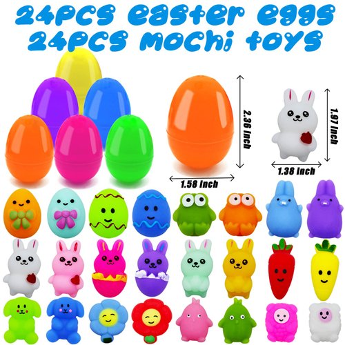 24 Pcs Easter Eggs with Mochi Squishy Toys for Kids Easter Eggs Hunt, Cute Easter Toys for Easter Basket Stuffers, Basket Filler, Easter Party Favor