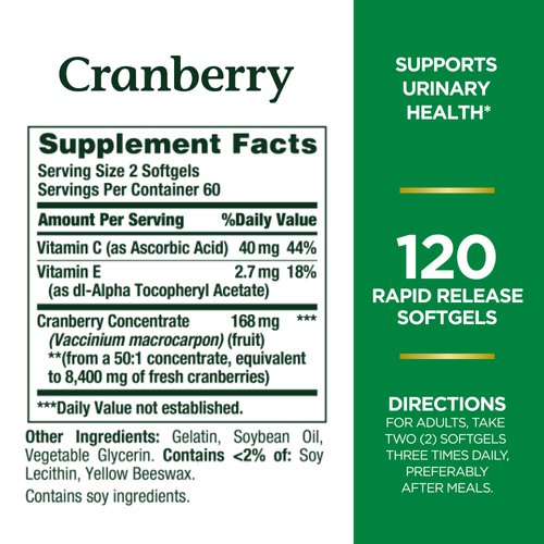 Nature's Bounty Cranberry, Herbal Health Supplement with Vitamin C, Supports Urinary Health, 4200mg, 120 Softgels