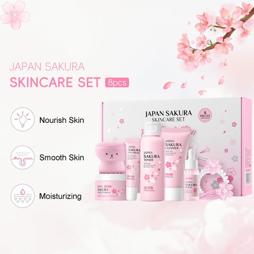 Sakura Skincare Set Facial Kit - Skin Care Gift Set for Girls/Women's, Facial Skin Care Sets & Kits with Beauty Gift Box, Japanese Skin Care Products Hydrating&Anti-Aging Skin - TSA-Friendly 8Pcs