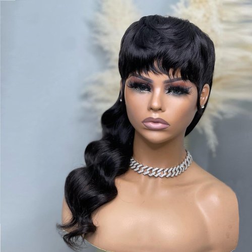 PurpleSexy Mullet Pixie Cut Wigs for Women 18inch Natural Black Color 1B Mullet Human Hair Wigs 10A Brazilian Virgin Remy Body Wave Human Hair Wigs Glueless Wigs (natural black)
