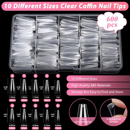 600PCS Clear Coffin Nail Tips Set Qinzave Clear Acrylic Nail Tips with Nail Glue Clear Coffin Nails Tip Full Cover with Nail Display Stand, Cuticle Nail Pusher Remover, Nail Clipper Nail Files Buffer