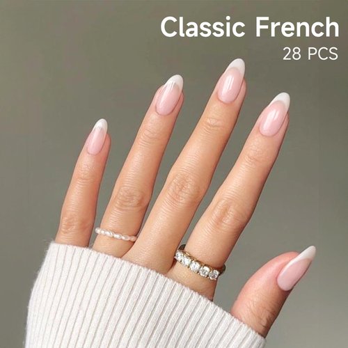 DUKASOU Semi Cured Gel Nail Strips, 28 pcs Gel Nail Stickers Full Nail Wraps, Work with Any UV Lamp, Salon-Quality, Long Lasting, Includes Prep Pads, Nail File & Wood Stick (French)