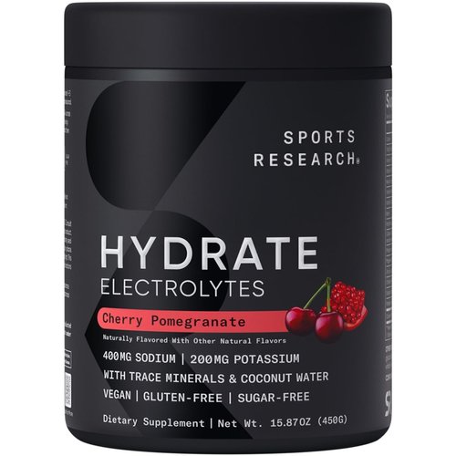 Sports Research Hydrate Electrolytes Powder - Sugar-Free & Naturally Flavored with Vitamins, Minerals, and Coconut Water - Supports Hydration - Cherry Pomegranate