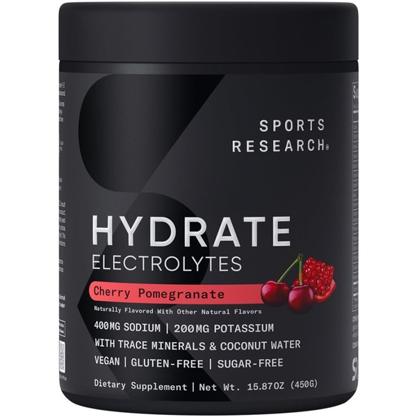 Sports Research Hydrate Electrolytes Powder - Sugar-Free & Naturally Flavored with Vitamins, Minerals, and Coconut Water - Supports Hydration - Cherry Pomegranate
