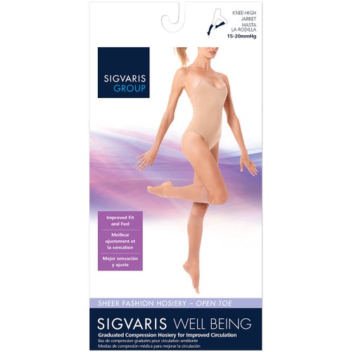 SIGVARIS Women's Sheer Fashion Open Toe Calf Height - 15-20mmHg Weight Compression Hose - Lightweight & Breathable in Soft Stretch Fabric for Comfortable Everyday Wear - Golden - B (Medium)