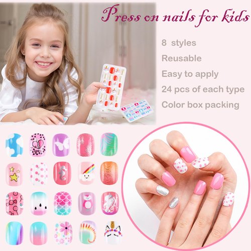Jsiallye Press on Nails for Kids, 192PCS Kids Fake Nails for Girls Colorful Unicorn Flamingo Cloud Patterns 7-12 Years Old Press on nails for Kids Gifts