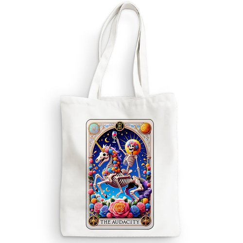 Funny Unicorn Skeleton Tarot Card Canvas Tote Bag Sarcastic Skull Gothic Shopping Bags Witch Stuff Goth Witchy Gifts for Women Girls Bestie Mom Reusable Grocery Bags for Halloween Boss Day Christmas