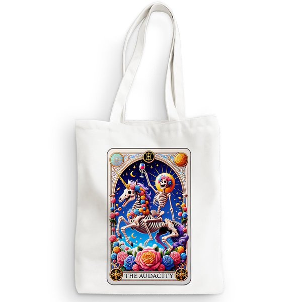 Funny Unicorn Skeleton Tarot Card Canvas Tote Bag Sarcastic Skull Gothic Shopping Bags Witch Stuff Goth Witchy Gifts for Women Girls Bestie Mom Reusable Grocery Bags for Halloween Boss Day Christmas