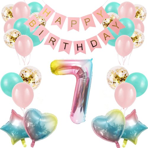 7th Birthday Decorations for Girls Gradient color Age 7 Birthday Balloons with Happy Birthday Banner for Baby showers Seventh Birthday Party Supplies for Girls Boys (7th-Birthday)