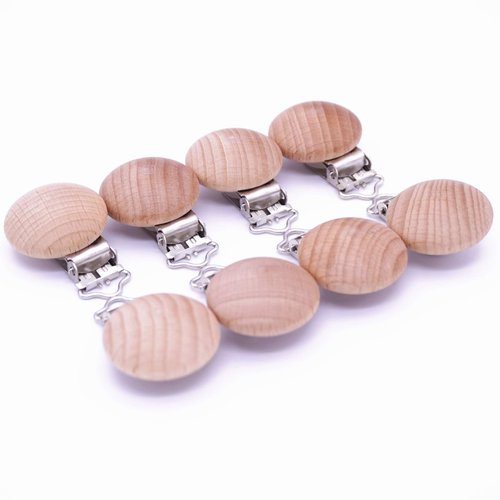Sutoyuen 10Pcs 30mm (1.18") Natural Wood Pacifier Holder Round Beech Metal Teether Wooden Teething Beads Suspender Clips DIY Pacifier Accessories