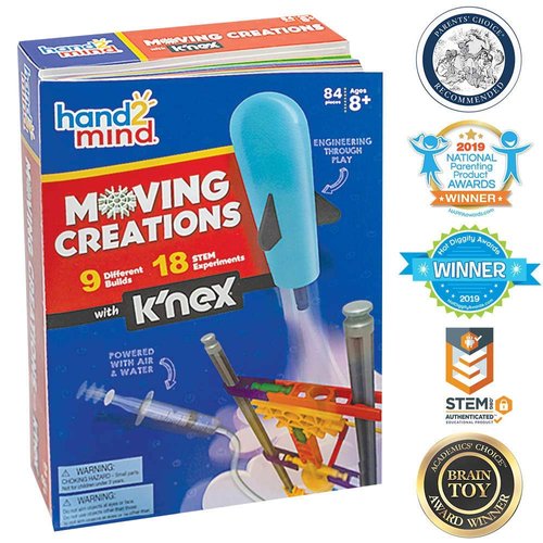 hand2mind Moving Creations with K'NEX, Book and Building Kit for Kids Ages 8-12, 9 Models & 18 Science Experiments, Explore The Science of Air and Water, Homeschool Science Kits