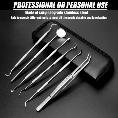Dental Hygiene Tool Set Stainless Steel Dental Pick and Tweezers, Gum Floss, Tooth Scraper Plaque Tartar Remover for Personal Oral Care & Pet Use (6 Pack)