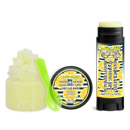 Natural Lemon Soothing & Luscious Lips by OverSoyed Exfoliator & Chapped Lip Repair Lip Care Combo | Artisan Handcrafted to Order Sparkling Citrus Flavored Exfoliating Sugar Lip Scrub & Lip Moisturizer Balm Gift Set