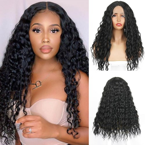 SCENTW Long Black Curly Lace Front Wigs for Black Women HD Glueless Lace Curly Wig Deep Wave Synthetic Lace Front Wig Pre-plucked Hairline Natural Looking Synthetic Lace Wigs 20Inch