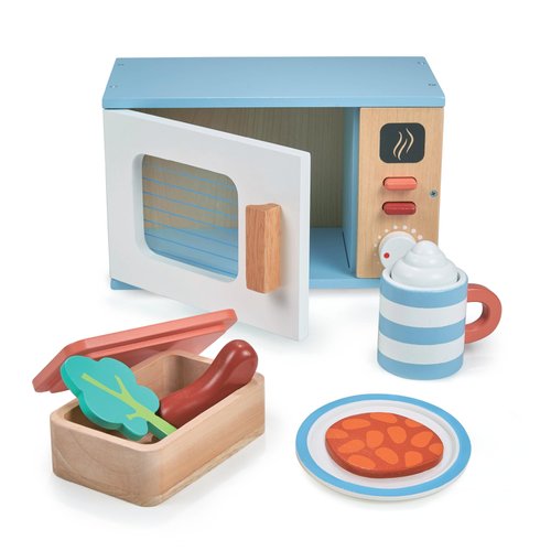Mentari Toys - Toy Microwave - 9pc Wooden Microwave Set with Pretend Play Food - Kids Role Play Kitchen Accessories - Improve Social and Communication Skills - Sparks Creativity - Age 3+