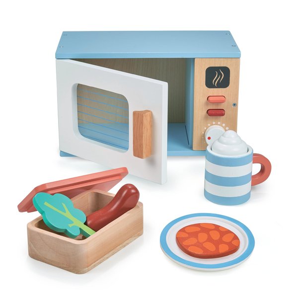 Mentari Toys - Toy Microwave - 9pc Wooden Microwave Set with Pretend Play Food - Kids Role Play Kitchen Accessories - Improve Social and Communication Skills - Sparks Creativity - Age 3+