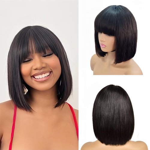 Savasana Bob Wigs With Bangs Human Hair Light Yaki Short Black Bob Wig 10In Unprocessed Brazilian Virgin human hair Bob Wigs for Black Women 180% Density wig with bangs 2X1 HD Lace Scalp Glueless Wigs