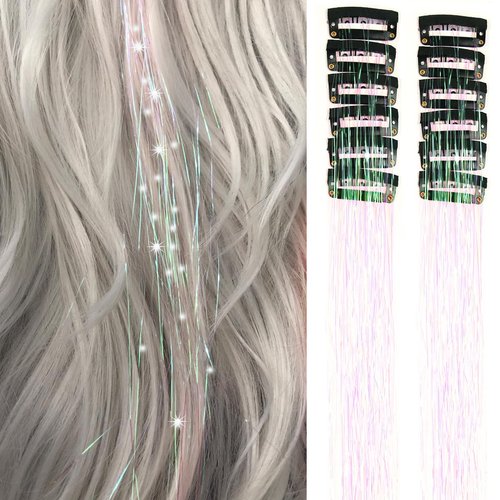 Clip in Hair Tinsel Pack of 12 Pcs 24 Inch Glitter Egg Pink Heat Resistant Sparkle Fairy Hair Extensions Accessories for Kids Girls & Women(24Inch 12Pcs,Egg pink)