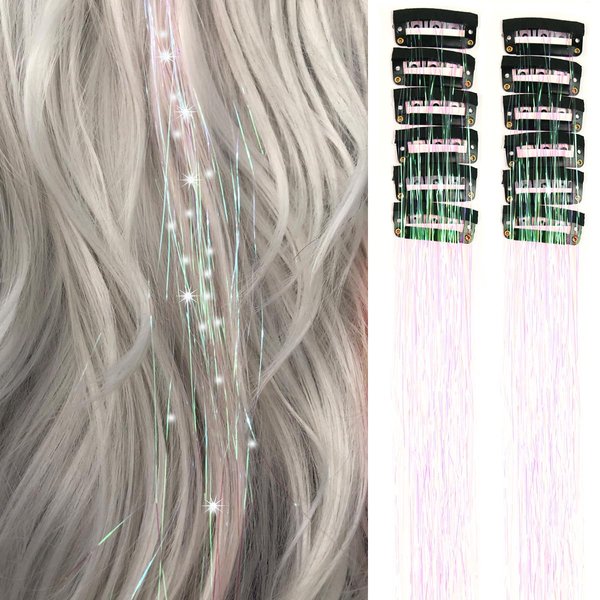 Clip in Hair Tinsel Pack of 12 Pcs 24 Inch Glitter Egg Pink Heat Resistant Sparkle Fairy Hair Extensions Accessories for Kids Girls & Women(24Inch 12Pcs,Egg pink)