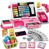 HYES Kids Cash Register Toy Playset with Real Calculator, Toddler Pretend Play Store incl Scanner/Credit Card/Play Money/Conveyor/Food Toys, Learning Toys Gifts for Girls Ages 4-8 8-12, Pink