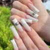 ROFIBUT Halloween Press on Nails Long Square Fake Nails Glossy White French Tip Coffin False Nails with Skull Charms Acrylic Nails Luxury White Spider Web Full Cover Glue on Nail for Women Girls 24Pcs
