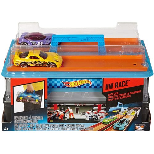 Hot Wheels Toy Cars & Track Set, Race Case Playset with 2 Vehicles in 1:64 Scale, Dual Launcher for Side-By-Side Racing & Portable Storage Container