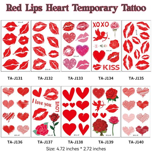 83 Pcs Valentine's Day Red Lips Heart Temporary Tattoo Stickers Sexy Red Lips Kiss Waterproof Fake Tattoos Suitable for Valentine's Theme Party Face Body Funny Makeup Temporary Tattoo Stickers