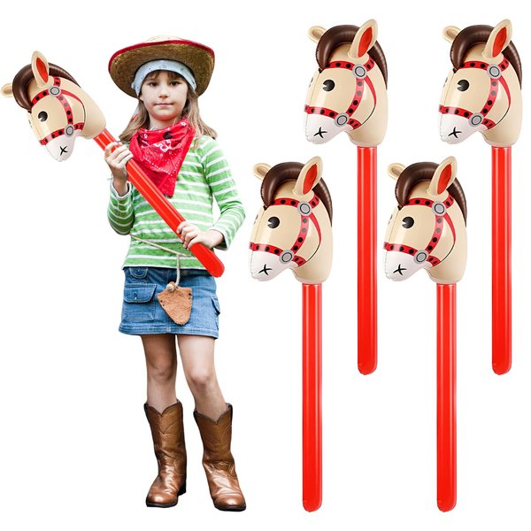 4 Pcs Inflatable Stick Horse, KUAOOAUK Inflatable Horsehead Stick Balloon, Cute 37 Inches Horse Stick for Kids Horse Birthday Decorations Christmas Cowgirl Cowboy Party Supplies