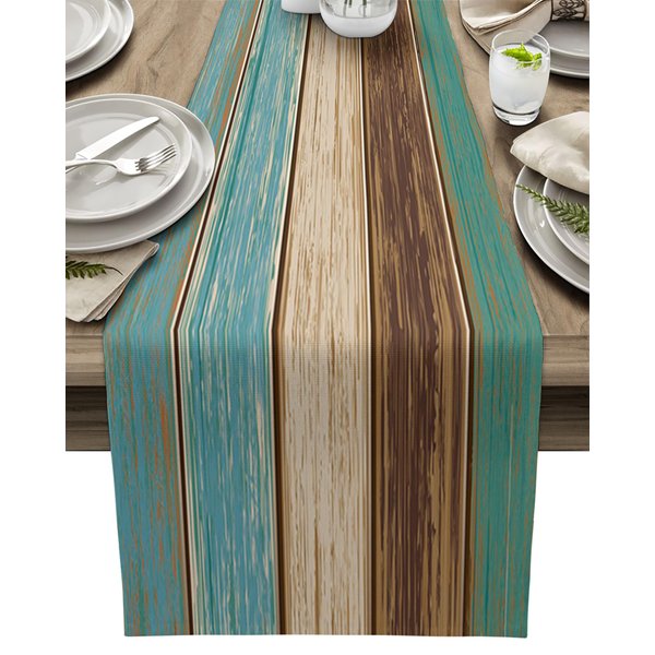 Cotton Linen Table Runner Dresser Scarves Retro Rustic Barn Wood&Teal Green Brown Non-Slip Burlap Rectangle Table Setting Decor for Farmhouse Wedding Party Holiday Dinner Home, (13X70 Inch)