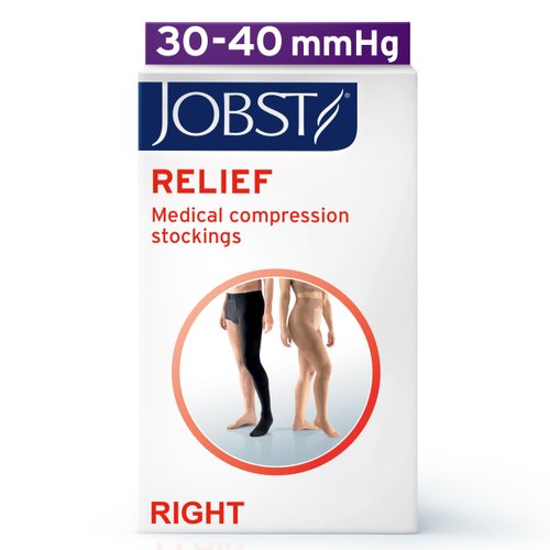 JOBST Relief Graduated Compression Stockings 30-40mmHg - Comfortable Unisex Design - Right Chap,, Open Toe, Beige, Medium