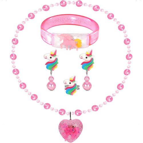Jewelry Toys for Girls, Unicorn Necklace Bracelet, Clip On Earrings Adjustable Rings for Princess Dress Up Pretend Play, Kids Play Jewelry Glow Costume Accessories Little Girl Christmas Birthday Gifts