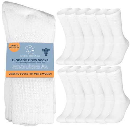 Special Essentials 12 Pairs Cotton Diabetic Socks for Men & Women - Non-Binding Extra Wide Top Neuropathy Socks - Crew Socks White 9-11