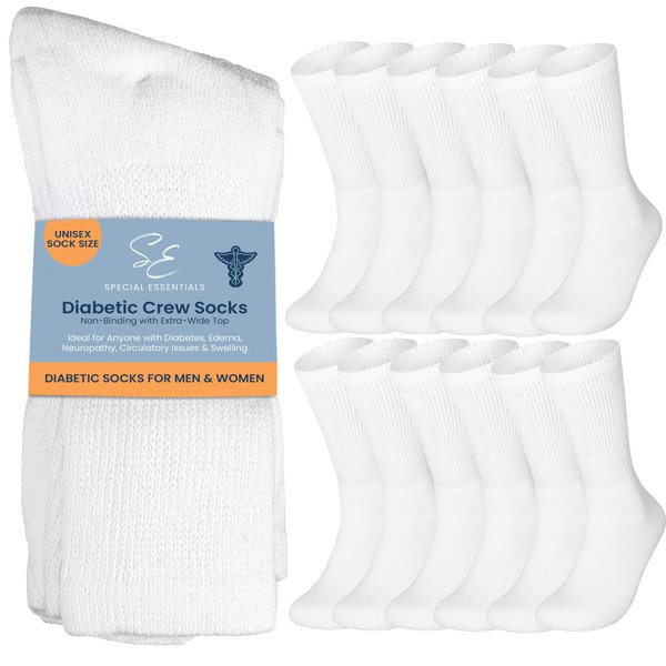 Special Essentials 12 Pairs Cotton Diabetic Socks for Men & Women - Non-Binding Extra Wide Top Neuropathy Socks - Crew Socks White 9-11