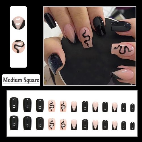 BAOYAALIN Black Press on Nails Medium Square Fake Nails with Exquisite Snakes Design Artificial Acrylic False Press ons Full Cover Stick on Nail for Women Girls Daily Wear Wedding Manicure 24Pcs