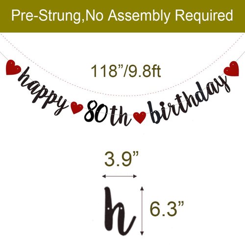 Happy 80th Birthday Banner, Pre-Strung,Black and Red Glitter Paper Garlands for 80th Birthday Party Decorations Supplies,No Assembly Required,Glitter Red and Black,SUNbetterland