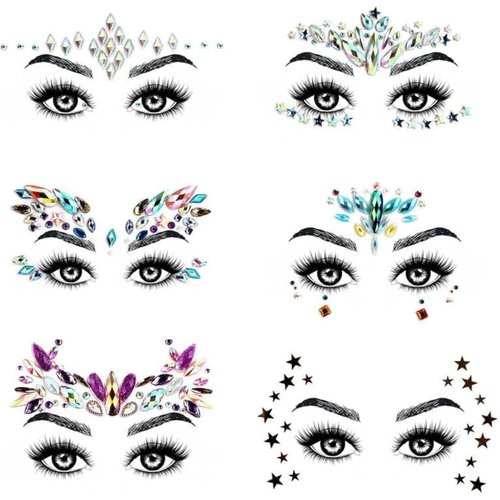 AOMIG Face Gems Glitter, 6 Pcs Rhinestone Face Glitter Stickers, Mermaid Face Jewels Stick On, Crystal Tears Gem Stones Eyes Face Body Temporary Tattoos Stickers for Birthday Party, Rave Makeup